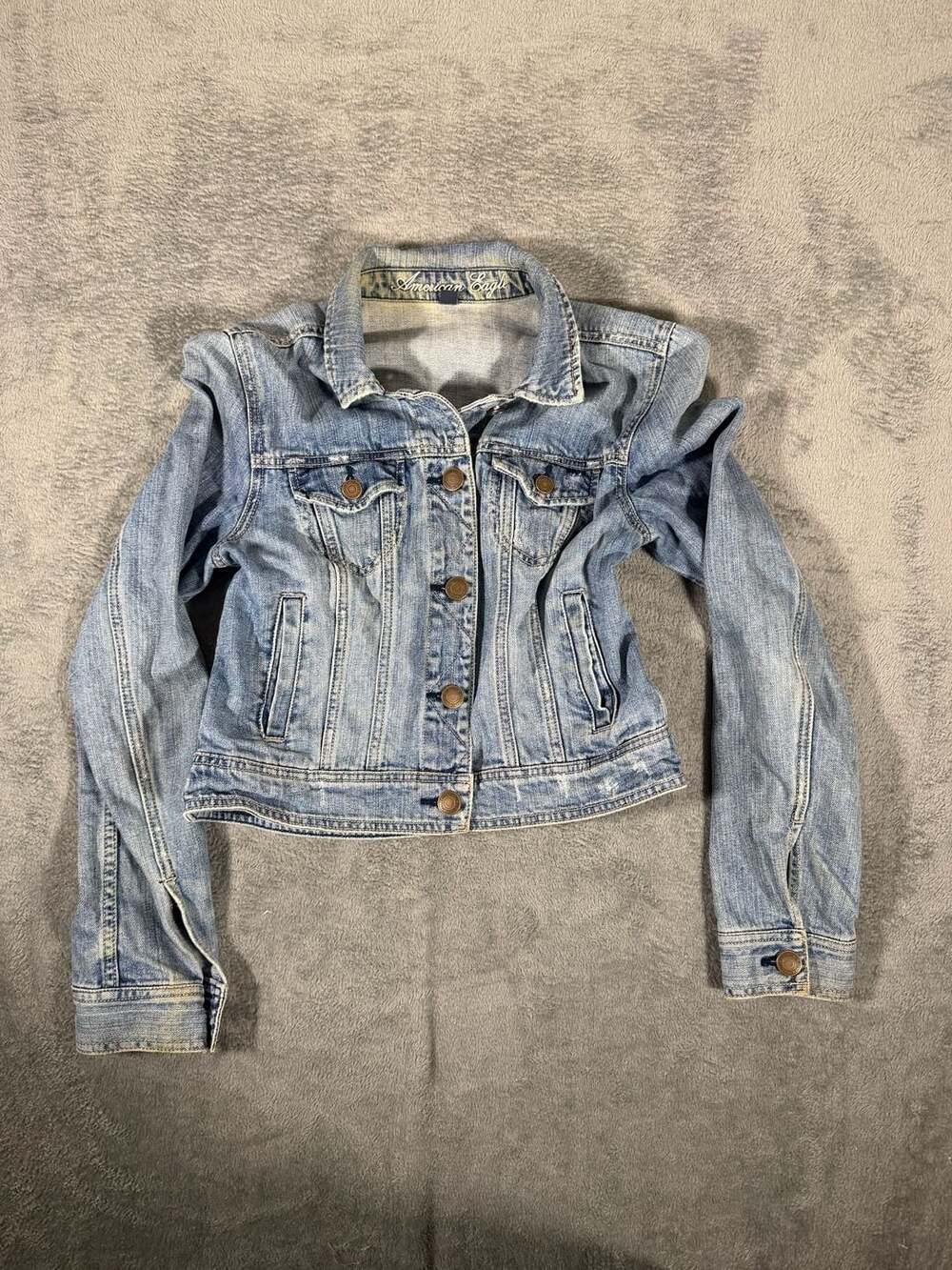 American Eagle Denim Trucker Jacket Size L Distressed Blue